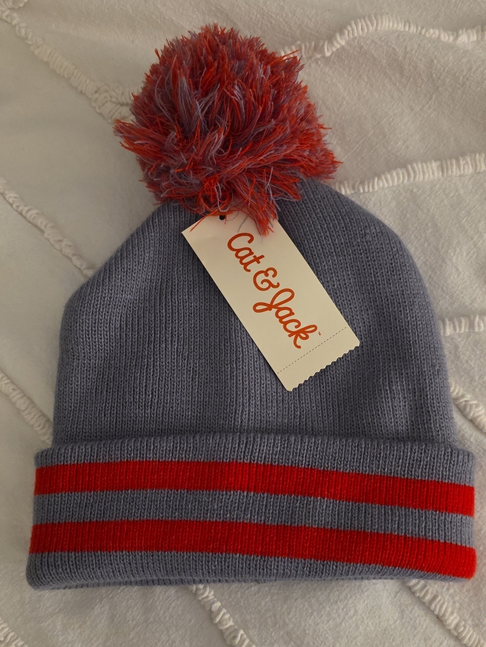 Cat & Jack Blue Knit Beanie with Red Pom and Stripes